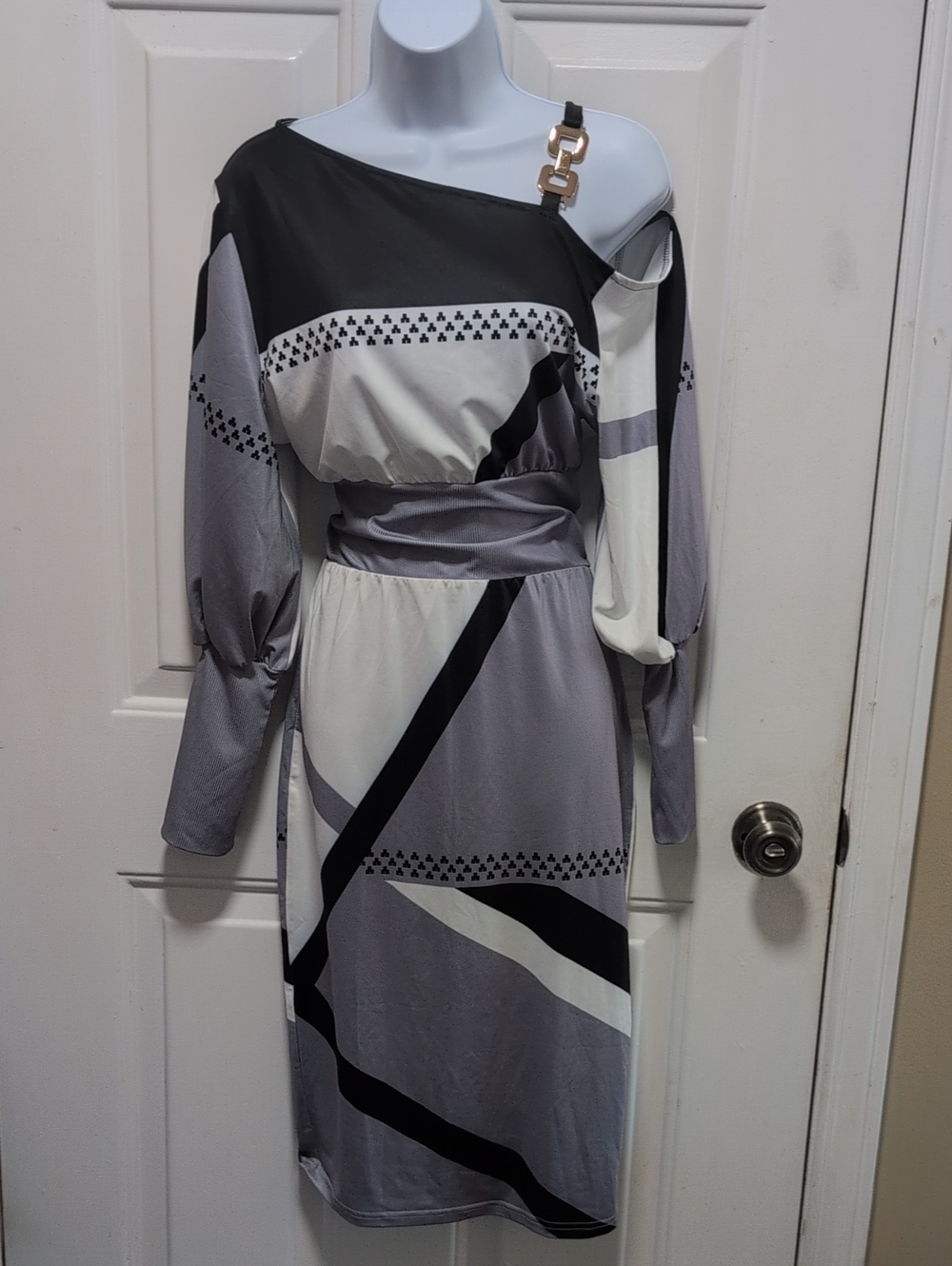 Gray & Black One-Shoulder Midi Dress